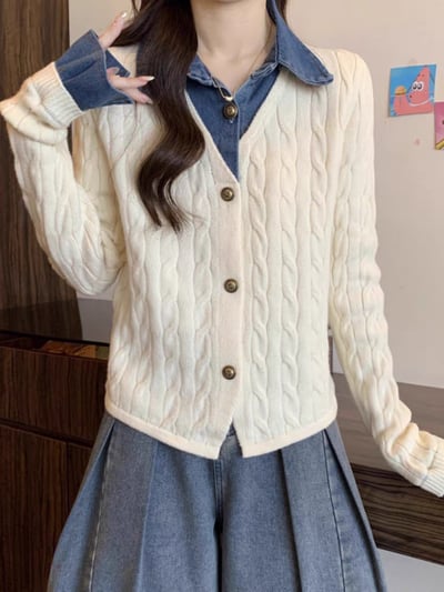 歐貨牛仔拼接針織衫 假兩件設計・秋冬高級氣質開襟上衣3