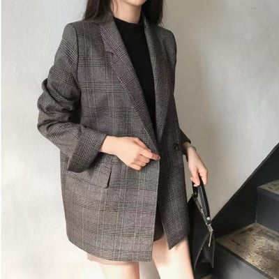 韓系復古雙排扣格紋西裝外套4
