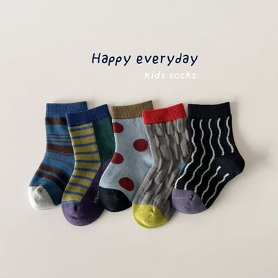 秋冬兒童拼色趣味中筒襪 男童波點條紋款5雙組3