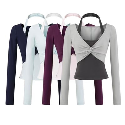 氣質撞色假兩件掛脖 修身顯瘦長袖運動T恤2