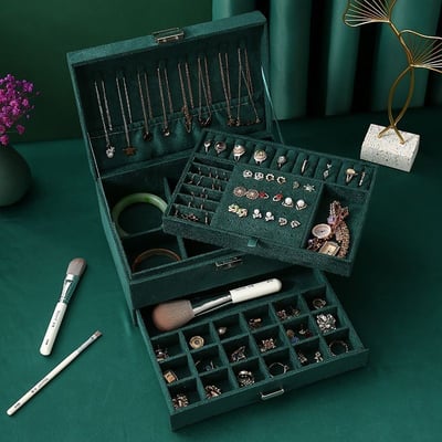 升級三層麂皮絨帶鎖精緻首飾珠寶盒3