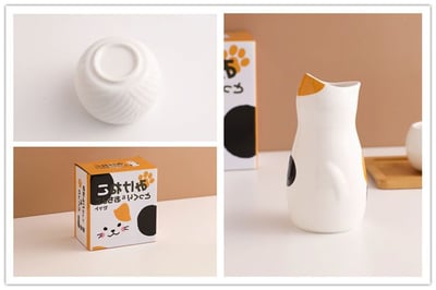 日系三花貓咪清酒套組 可愛陶瓷貓咪酒壺＋雙杯禮盒裝6