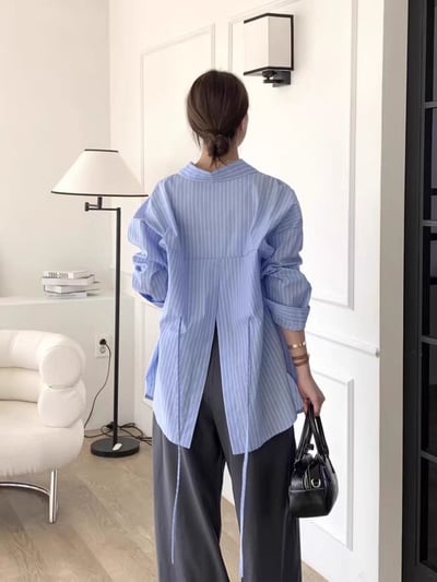 韓系秋季新款後背開叉繫帶條紋襯衫2