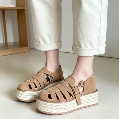 日系復古草編厚底羅馬涼鞋4