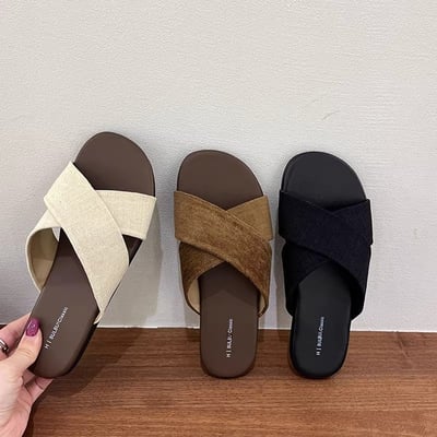 夏季新款交叉帶亞麻平底拖鞋4