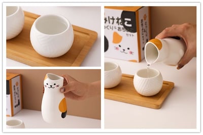 日系三花貓咪清酒套組 可愛陶瓷貓咪酒壺＋雙杯禮盒裝7