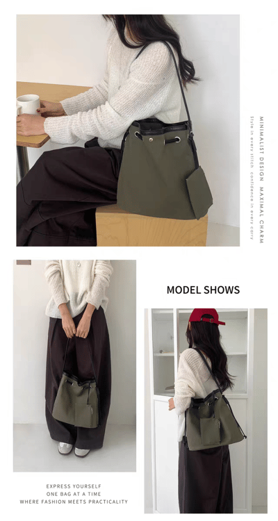 韓系ins抽繩水桶包 大容量帆布單肩包 通勤必備8