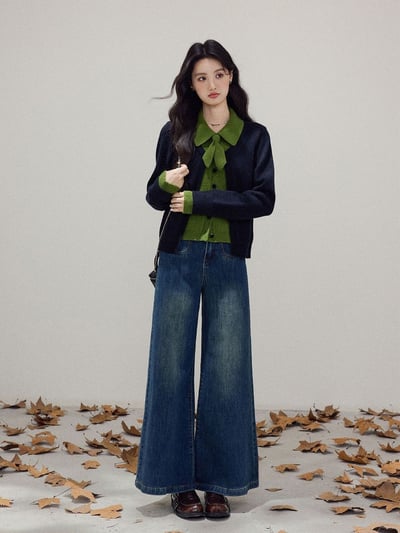 內搭感滿分 秋冬新款黑綠拼色 顯白綠黑配色假兩件針織外套5