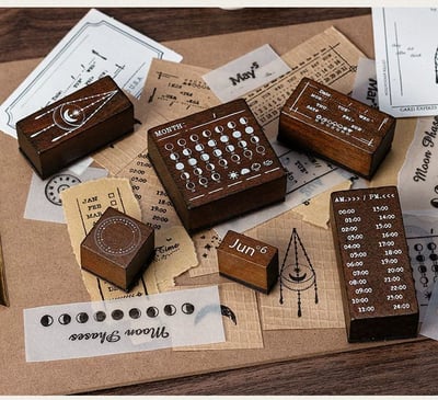 月相星輝木質印章套盒 30枚萬年曆 × 月亮手帳印章2