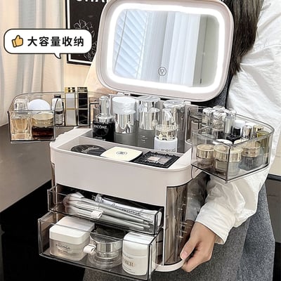 高級感多功能LED燈帶鏡子箱 化妝品保養品飾品大容量手提化妝箱收納箱9