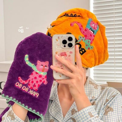 超萌刺繡貓咪 吸水速乾珊瑚絨乾髮毛巾乾髮帽1
