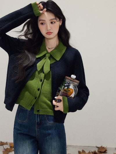 內搭感滿分 秋冬新款黑綠拼色 顯白綠黑配色假兩件針織外套4