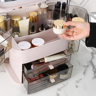 高級感多功能LED燈帶鏡子箱 化妝品保養品飾品大容量手提化妝箱收納箱13