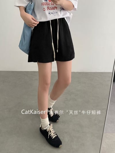 CatKaiser 萊賽爾天絲牛仔短褲 鬆緊腰清涼五分褲6
