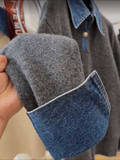 冬季新款Polo領牛仔拼接針織上衣 高級感假兩件針織衫8