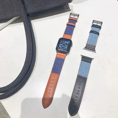 真皮牛仔深藍拚棕皮 apple watch錶帶   現貨免運3