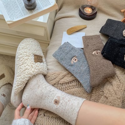 秋冬新款 韓系可愛小狗刺繡中筒襪5雙組3