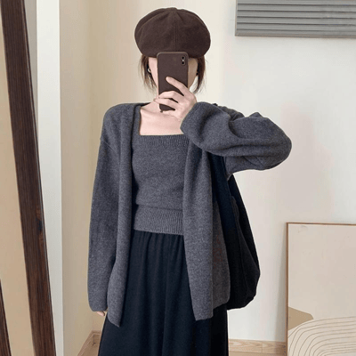 韓版溫柔風針織兩件套 寬鬆開衫＋方領吊帶背心2