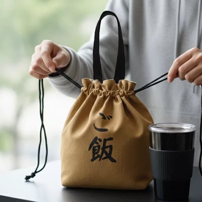 日式「ご飯」加厚帆布雙層隔熱便當袋｜抽繩束口大容量手提飯盒袋4