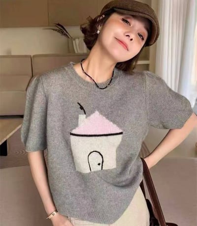 溫柔感爆棚！小屋插畫短袖針織毛衣2