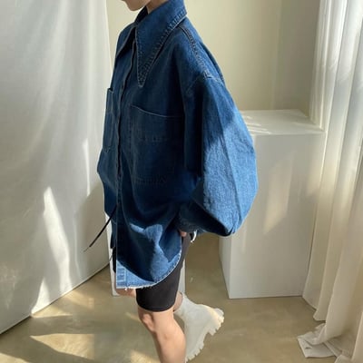 復古尖尖領大口袋水洗藍牛仔襯衫6