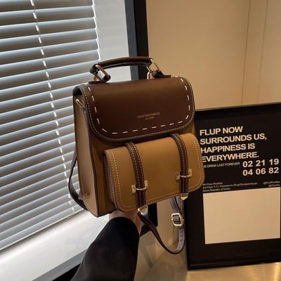 優質歐美款復古撞色設計雙肩包 質感PU百搭小書包風背包9