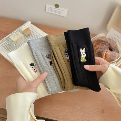 治癒系小狗刺繡寬條紋棉襪 可愛雪納瑞造型溫柔堆堆襪4雙組1