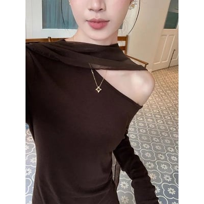 秋季新款法式氣質露肩上衣 復古斜肩修身上衣3