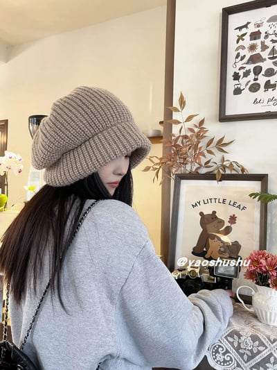 純色大頭圍水母毛線堆堆帽2