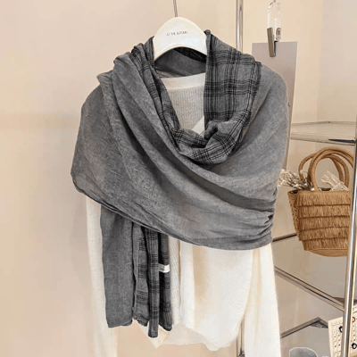 韓版氛圍感格子圍巾 全棉亞麻質感雙色披肩7