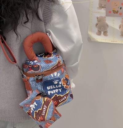 甜美可愛水桶包 卡通插畫斜背手機包手提斜挎兩用＋零錢包6