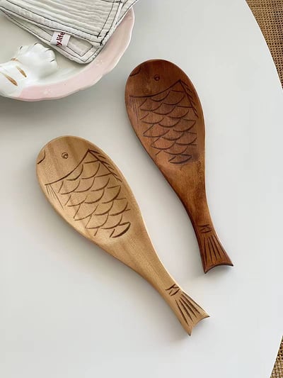 日式Zakka可愛木魚飯匙沙拉匙 天然實木不沾飯鏟2入1