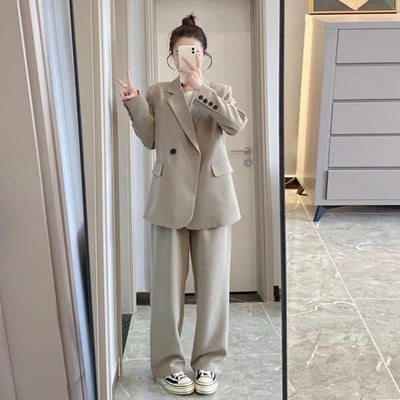 韓系春秋季老錢風 灰色寬鬆西裝兩件套裝3