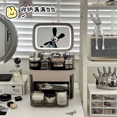 高級感多功能LED燈帶鏡子箱 化妝品保養品飾品大容量手提化妝箱收納箱5