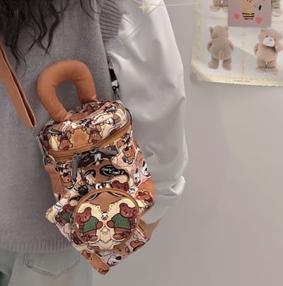 甜美可愛水桶包 卡通插畫斜背手機包手提斜挎兩用＋零錢包2