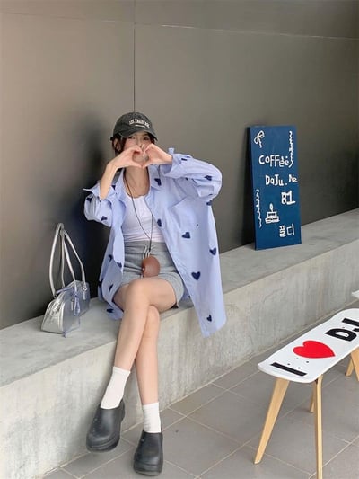 韓版愛心印花長袖襯衫5