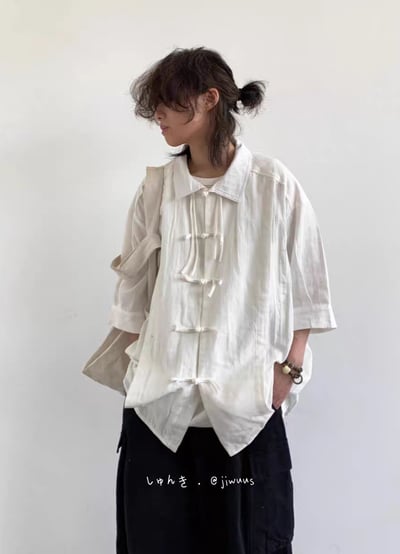 夏季新中式復古盤扣襯衫 純色寬鬆唐裝 男女國風短袖上衣3