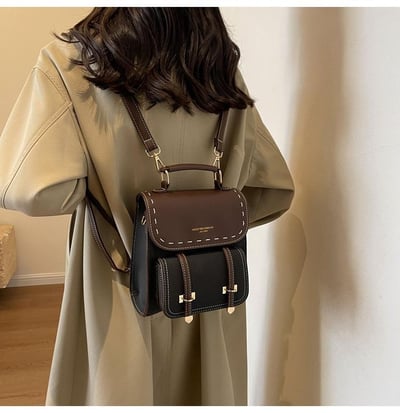 優質歐美款復古撞色設計雙肩包 質感PU百搭小書包風背包4
