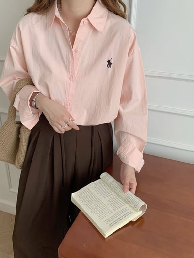 韓系法式小馬刺繡多色百搭長袖襯衫1