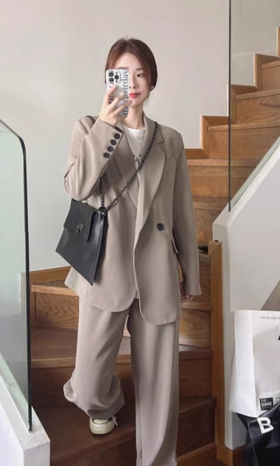 韓系春秋季老錢風 灰色寬鬆西裝兩件套裝1
