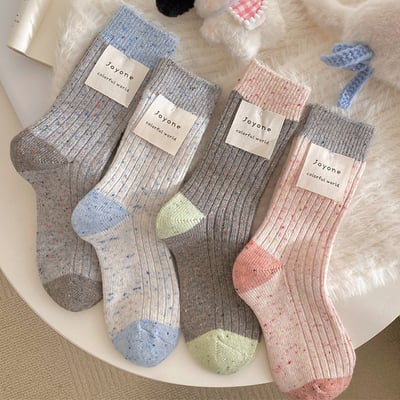 秋冬拼色羊絨襪保暖中筒襪4雙組1