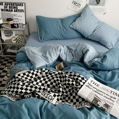 天空蔚藍雙拼色 秋季新色系水洗棉四件床包組1