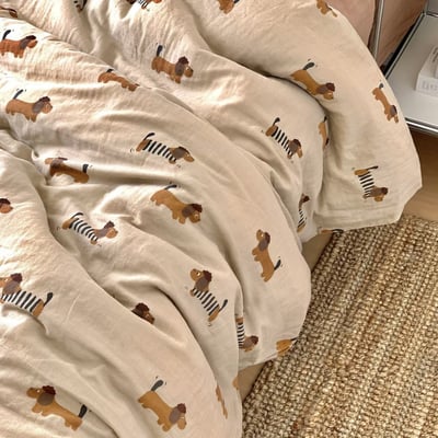 雙11限定優惠組 輕奢可愛卡通水洗棉四件套 復古臘腸狗圖案床包組2