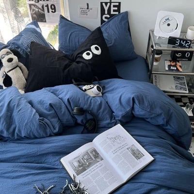 簡約純色 大眼睛水洗棉四件床包組7