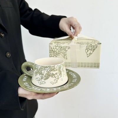 生日禮物 綠色鈴蘭花高級感咖啡杯套裝1