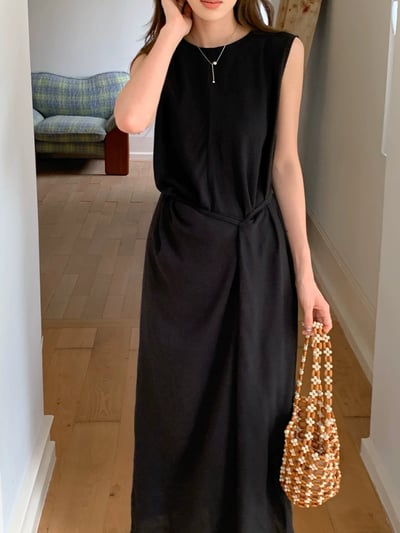 夏季不規則系帶麻棉連衣裙7