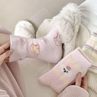 粉粉圖案冬季毛圈毛絨襪四雙組4