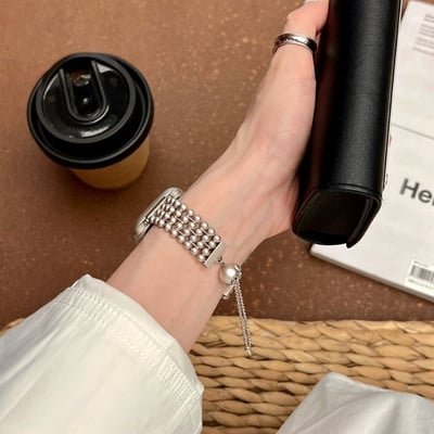 【質感升級】時尚金屬風鋼珠不鏽鋼伸縮鏈 Apple Watch 錶帶5