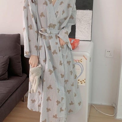 日式和服小熊格子純棉睡袍3