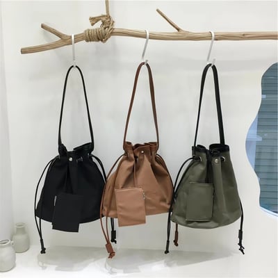 韓系ins抽繩水桶包 大容量帆布單肩包 通勤必備6